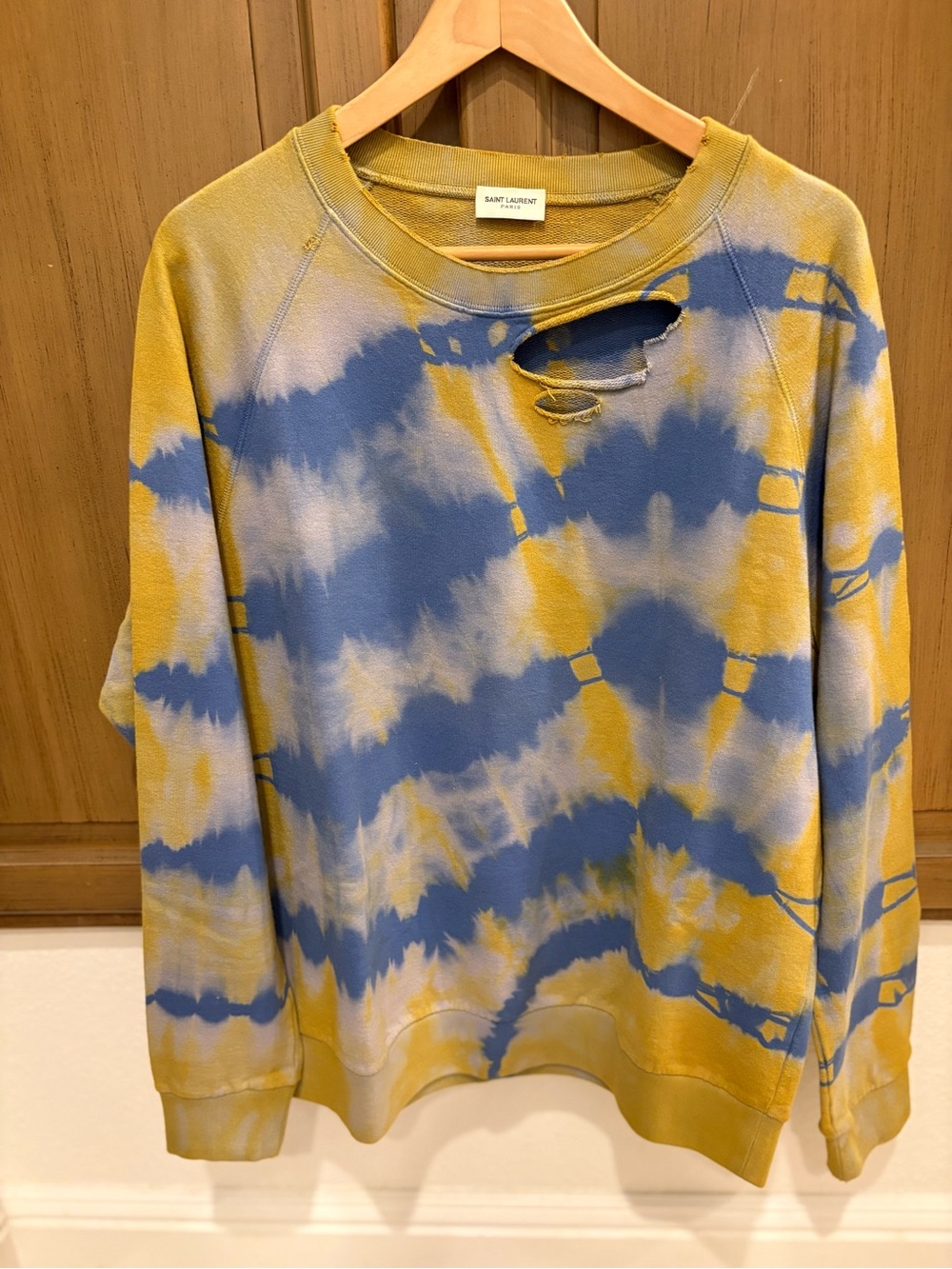 Saint Laurent Yellow & Blue Tie-Dye Distressed Crewneck Sweater